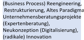 (Business Proces s )  Reengineering,   Restrukturierung, Altes Paradigma  Unternehmensberatungsprojekte  (Expertenberatung),  Neukonzeption (Digitalisierung),   (radikale) Innovation